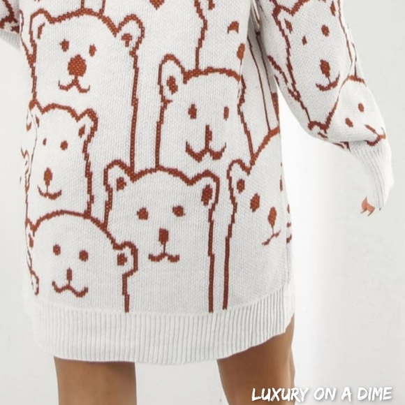 Polar Bear Round Neck Cozy Knit Long Sleeve Oversized Mini Sweater Dress White - Picture 8 of 11